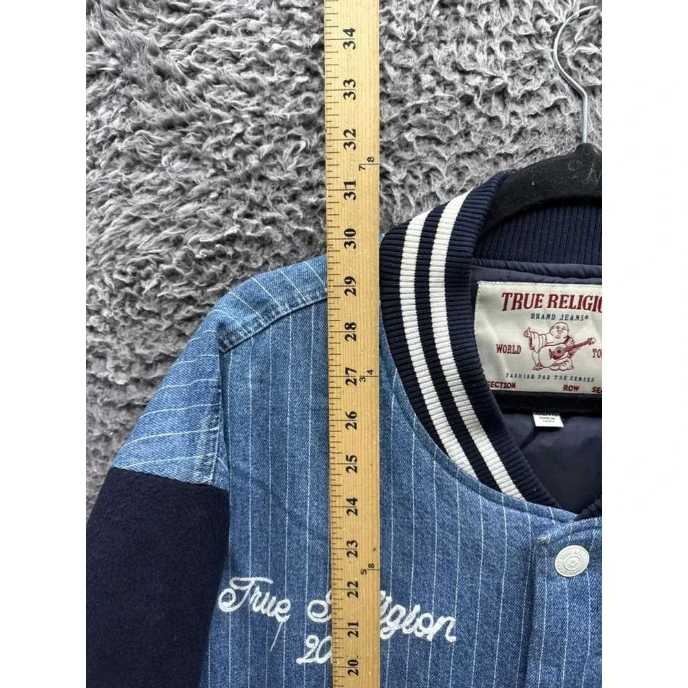 True Religion Jacket Varsity Pinstripe Full Snap Bomber Dress Blue Mens Size XXL